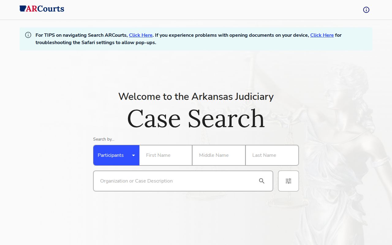 Search ARCourts interface used for Drew County warrant records